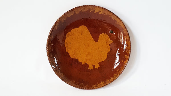 Signed Ned Foltz 2004 Original Redware Pie Plate w/ Yellow Chicken/Rooster - Lancaster County, PA