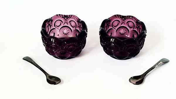 Amythyst Purple Glass Open Salt Cellars With Silverplate Salt Spoons EPNS England