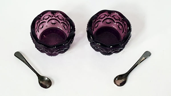 Amethyst Moon and Stars Purple Glass Open Salt Cellars With Silverplate Salt Spoons EPNS England