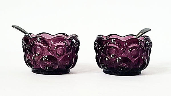 Amethyst Moon and Stars Purple Glass Open Salt Cellars With Silverplate Salt Spoons EPNS England