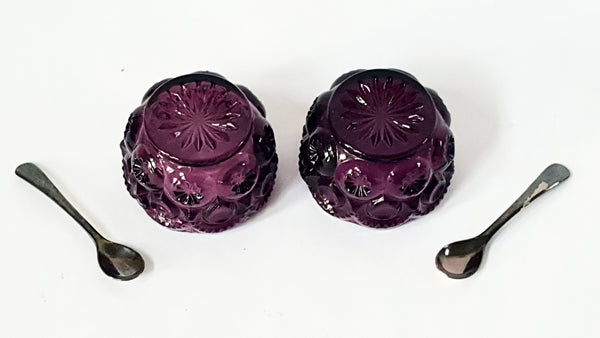 Amethyst Moon and Stars Purple Glass Open Salt Cellars With Silverplate Salt Spoons EPNS England
