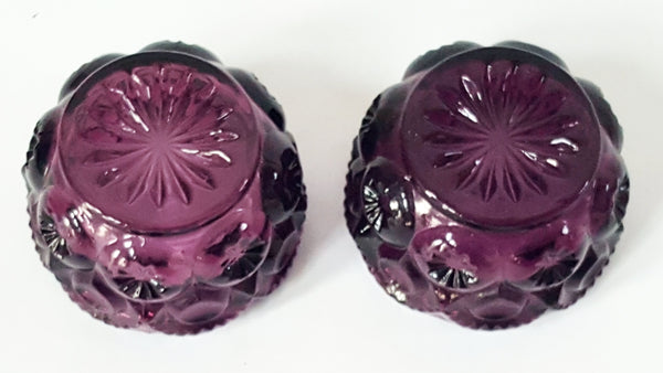 Amethyst Moon and Stars Purple Glass Open Salt Cellars With Silverplate Salt Spoons EPNS England