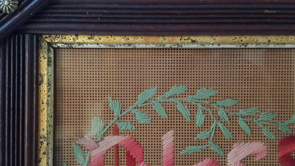 Antique Framed Embroidered Needlework Motto Sampler - Punched Paper