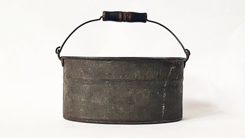 Antique Oval Tin Bucket With Wooden Handle Grip