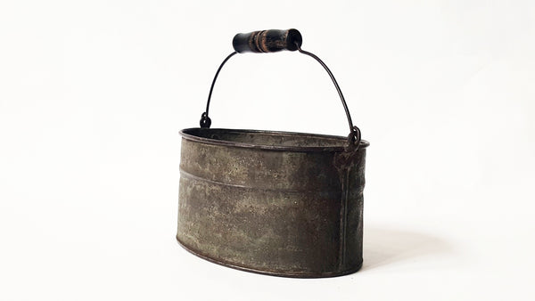 Antique Oval Tin Bucket With Wooden Handle Grip