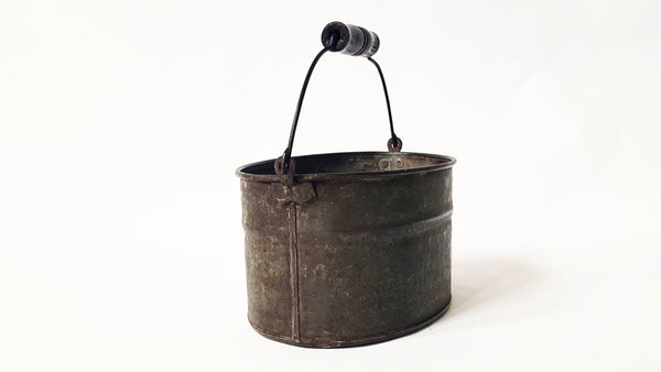 Antique Oval Tin Bucket With Wooden Handle Grip