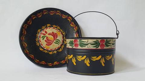 Vintage Decorative Painted Folk Art Toleware Small Tin Bucket and Pan