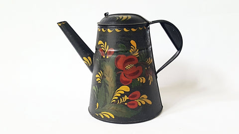 Antique Tin Tole Painted Coffee Pot With Hand Crafted Rolled Tab Lid