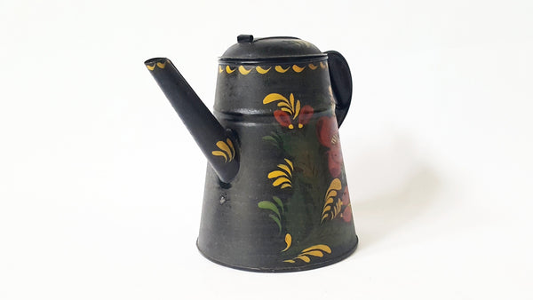 Antique Tin Tole Painted Coffee Pot With Crafted Rolled Tab Lid