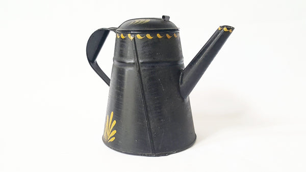 Antique Tin Tole Painted Coffee Pot With Crafted Rolled Tab Lid