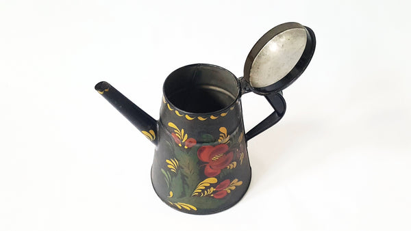 Antique Tin Tole Painted Coffee Pot With Crafted Rolled Tab Lid