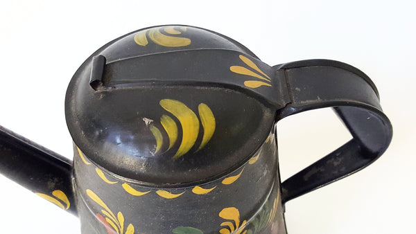 Antique Tin Tole Painted Coffee Pot With Crafted Rolled Tab Lid