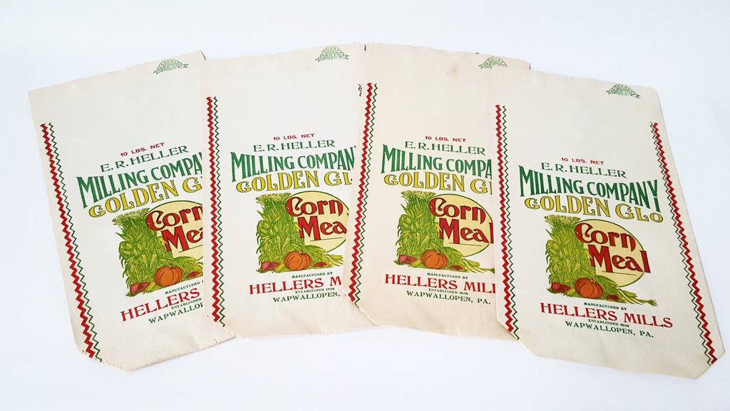 Vintage Corn Meal Advertising Sack Bags Golden Glo - Hellers Mills