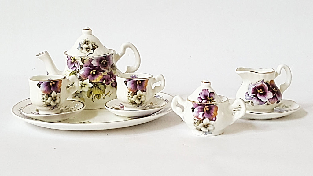 Miniature China Tea Set With Purple Pansies Objets d'Art - Made in England