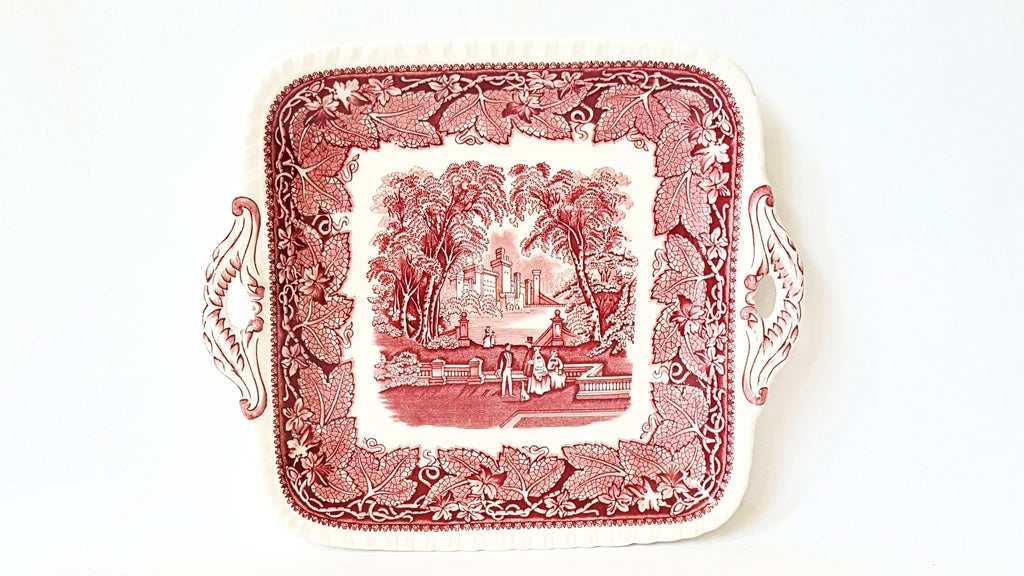 Mason's 11" Square Open Handled Cake Plate - Vista Pink/Red Pattern