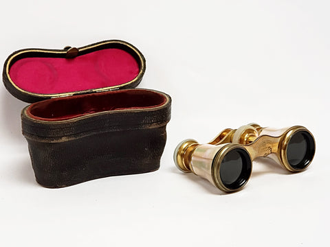 Mother of Pearl and Brass Opera Glasses With Case, Deraisme FI Paris, 