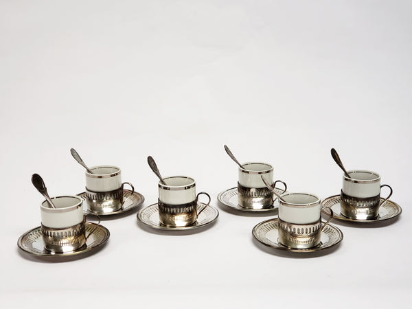 Bellini Demitasse Espresso Cups,Silverplate Holders, Saucers & Spoons - Set of 6
