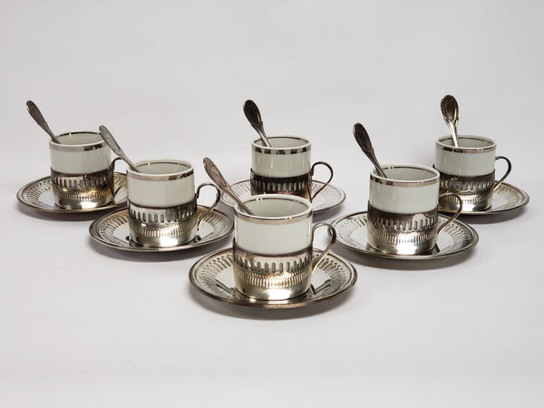 Bellini Demitasse Espresso Cups, Silverplate Holders Saucers & Spoons - Set of 6