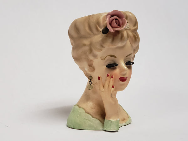 Vintage 1961 INARCO Lady Head Vase Raised Hand Pink Rose E-193/S/B