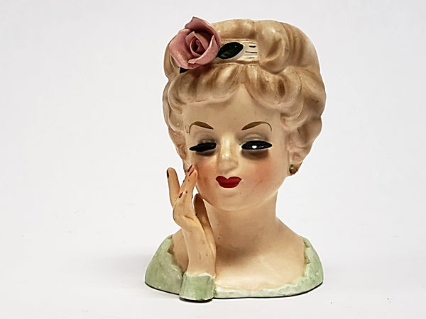 Vintage INARCO Lady Head Vase Raised Hand Pink Rose E-193/S/B
