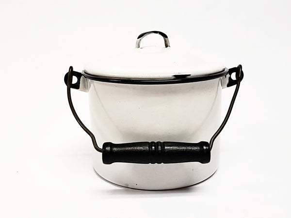 Vintage Small White Enameled Berry Bucket w/ Lid and Bail Handle 