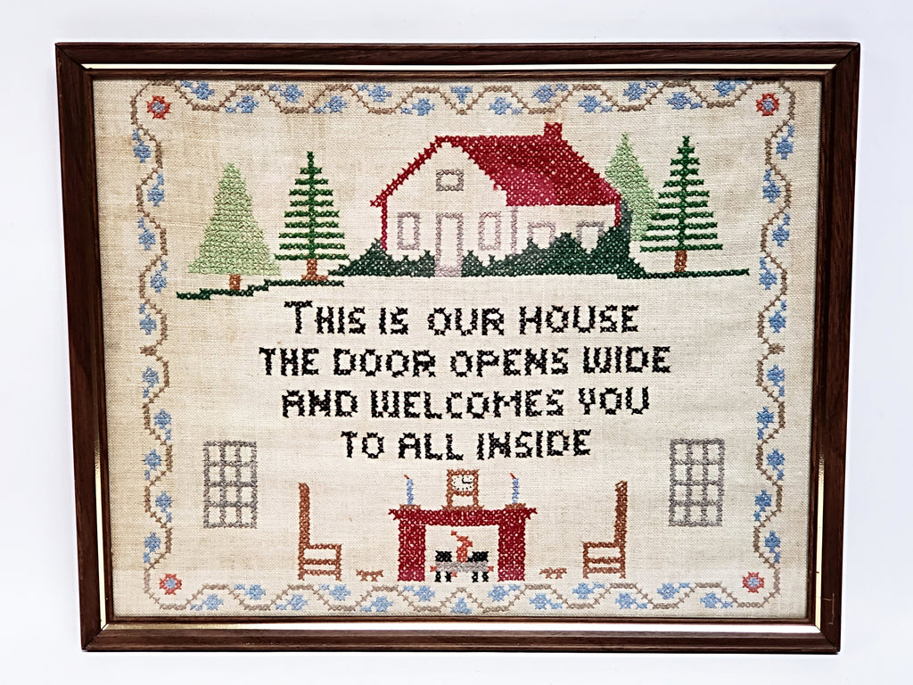 Vintage Hand Crafted Cross Stitch Embroidery Sampler -  This Is Our House The Door Opens Wide