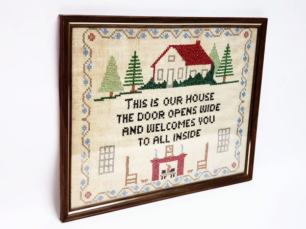 Vintage Hand Crafted Cross Stitch Embroidery Sampler -  This Is Our House The Door Opens Wide