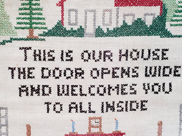 Vintage Hand Crafted Cross Stitch Embroidery Sampler -  This Is Our House The Door Opens Wide