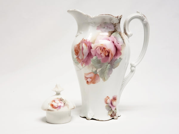 Early RS Prussia 10" Chocolate Pot With Pink Roses - Red Mark