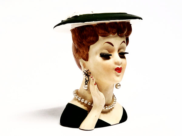 Vintage Lady Head Vase - Dressed in Green ~1950's