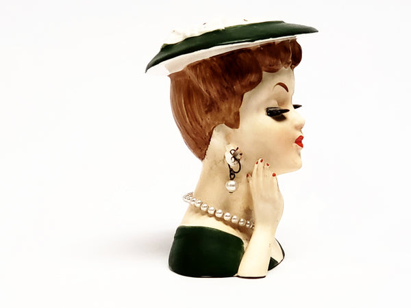 Vintage Lady Head Vase - Dressed in Green ~1950's