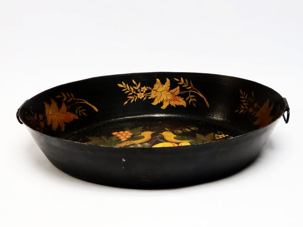 Tole Painted Double Handled Deep Skillet Pan - Birds and Fruit