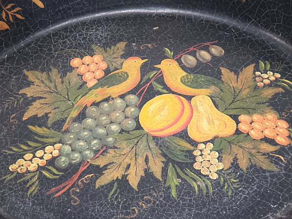 Tole Painted Double Handled Deep Skillet Pan - Birds and Fruit