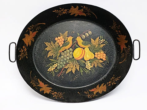 Tole Painted Double Handled Deep Skillet Pan - Birds and Fruit 