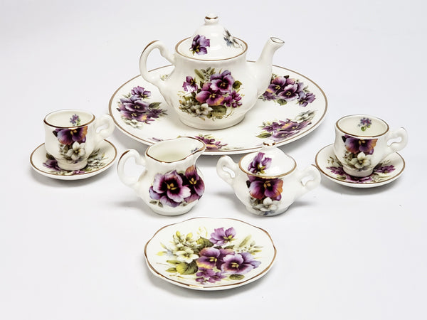 Miniature China Tea Set With Purple Pansies Objets d'Art - Made in England