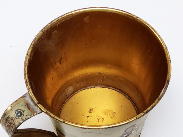 Early Tin Lithograph Cup and Saucer Gold Color Interior  - Ä Present from the Seaside"