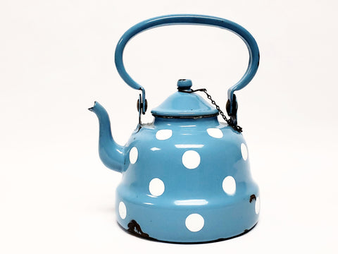 Vintage Blue With White Polka Dot Enamelware Tea Kettle Pot