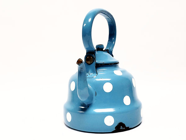 Vintage Blue With White Polka Dot Enamelware Tea Kettle Pot