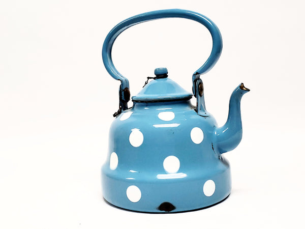 Vintage Blue With White Polka Dot Enamelware Tea Kettle Pot