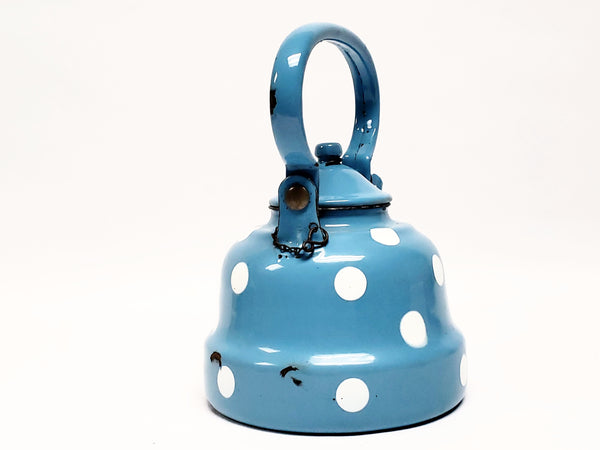 Vintage Blue With White Polka Dot Enamelware Tea Kettle Pot