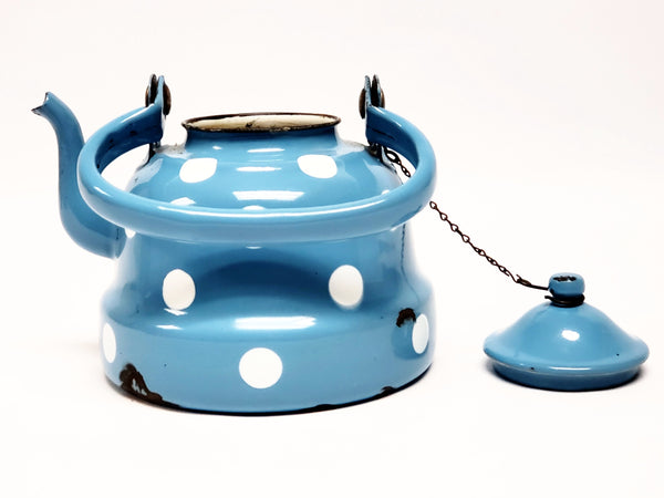 Vintage Blue With White Polka Dot Enamelware Tea Kettle Pot