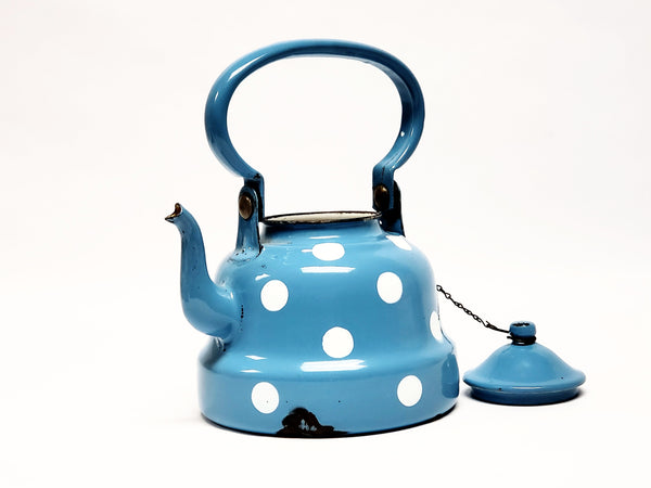 Vintage Blue With White Polka Dot Enamelware Tea Kettle Pot