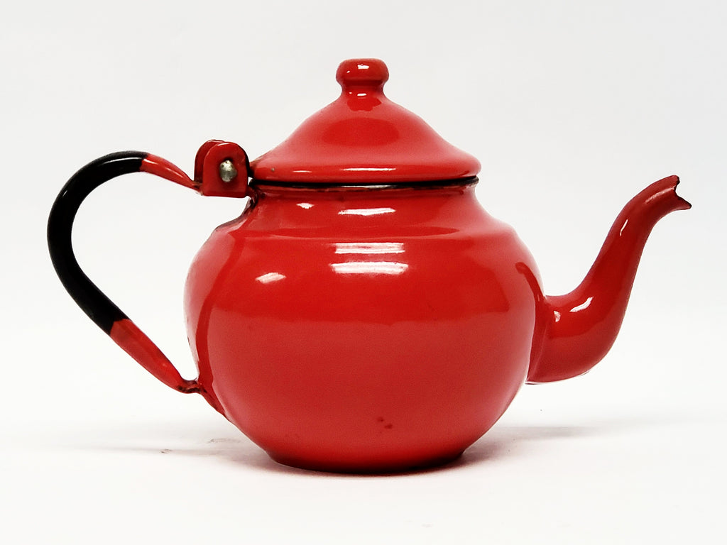 Mid-century Miniature Red Enamelware Tea Kettle Pot