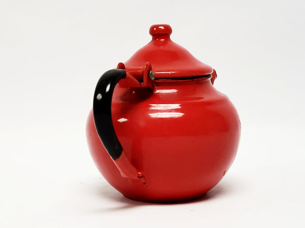 Mid Century  4"  Miniature Red Enamelware Tea Kettle Pot