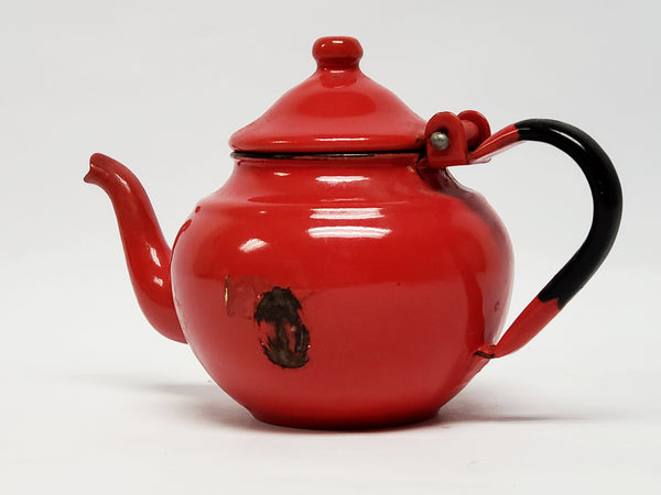 Mid Century  4"  Miniature Red Enamelware Tea Kettle Pot