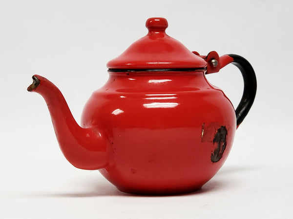Mid Century  4"  Miniature Red Enamelware Tea Kettle Pot