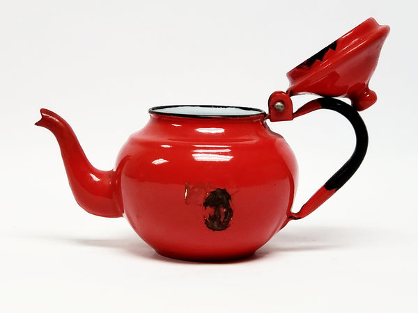 Mid Century  4"  Miniature Red Enamelware Tea Kettle Pot