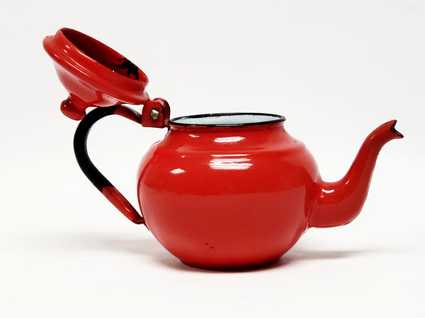 Mid Century  4"  Miniature Red Enamelware Tea Kettle Pot