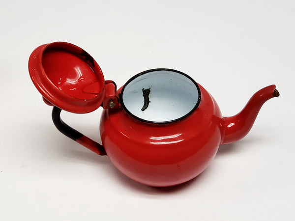 Mid Century  4"  Miniature Red Enamelware Tea Kettle Pot