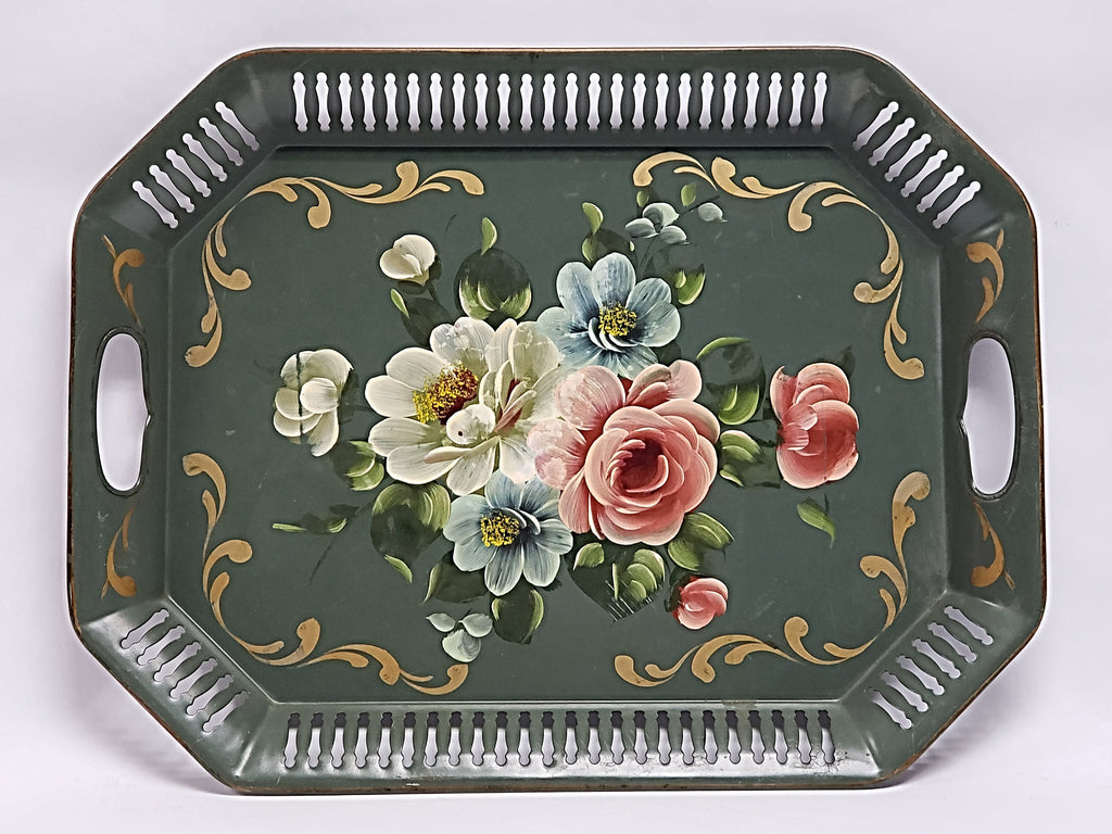Vintage Americana Tole Tray - Green with Floral - Octagon Reticulated Edge